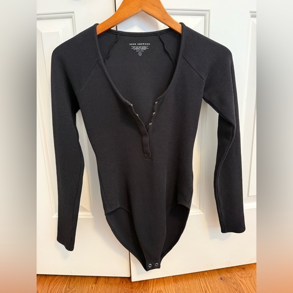 Good American Bodysuit Black Micro Rib Snap Button Long Sleeve - Picture 2 of 9